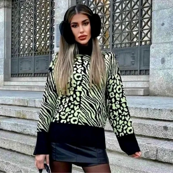 Zara Neon Yellow and Black Animal Print Turtleneck Sweater - Picture 3 of 15